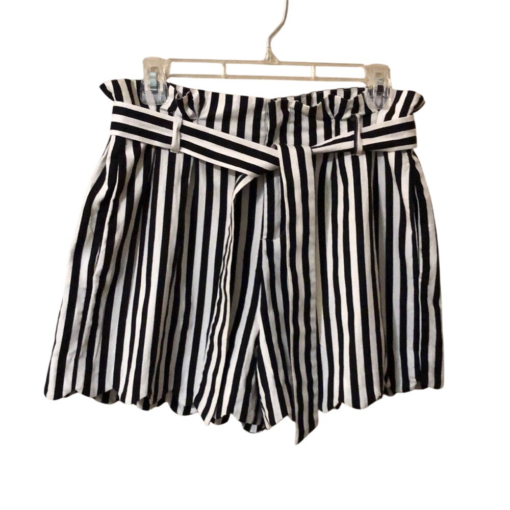 Aaron & AMBER Linen Blend Striped Scallop Hem High Waist Shorts,‎ Size L